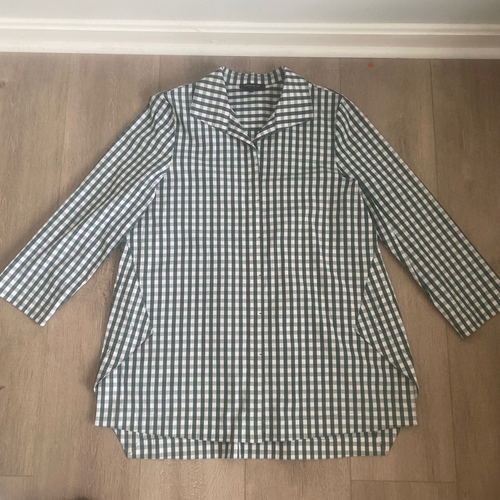 Lafayette 148 New York Green and White Gingham Tunic Stretch Top Size Large